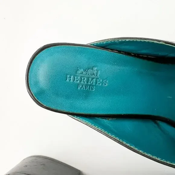 Hermes Black Logo Leather Mules Heels Pumps Slip On Shoes Size 39 / 7.5
